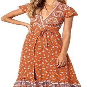 Bohemian Floral Printed Wrap V Neck Short Sleeve